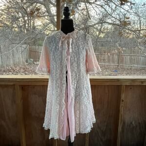 Odette Barsa Women's Vintage Peignoir Pink Lace Robe Dressing Gown Size S